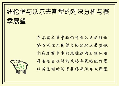 纽伦堡与沃尔夫斯堡的对决分析与赛季展望