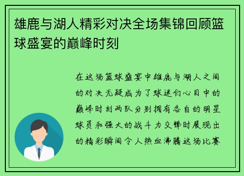 雄鹿与湖人精彩对决全场集锦回顾篮球盛宴的巅峰时刻